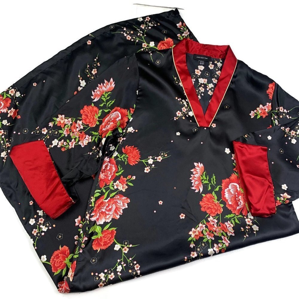 Jones New York Oriental/Asian Inspired V-Neck Floral Midi Nightgown Size Medium